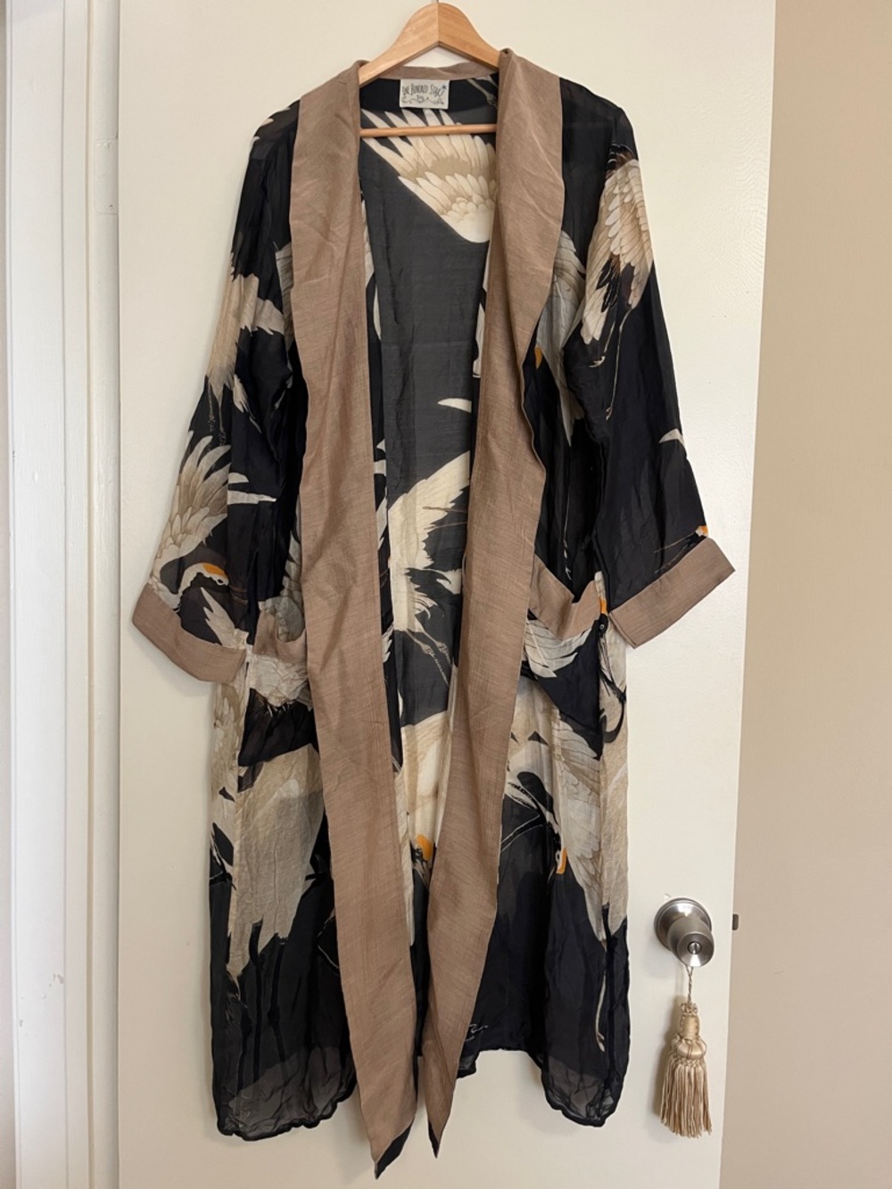 One Hundred Stars Sheer Elegant Crane Stork Print Kimono LongLine Duster Robe OS